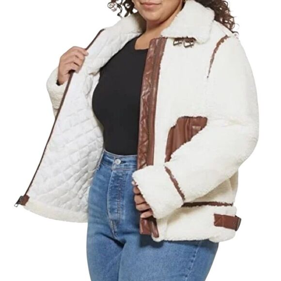 Levis Jacket WMNS 2X Cream Faux Sherpa Full Zip Brown Teddy Moto High Neck Cozy - Picture 8 of 15